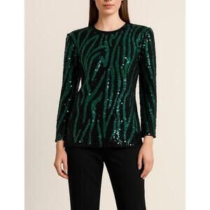 VTG Oleg Cassini Nora Zandré Silk Sequin Top S Black Green Beaded Glam 80s Party